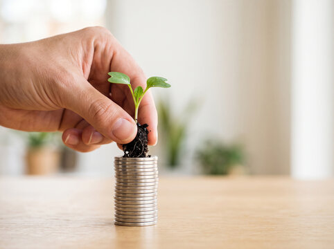 Human hand holding small green plant sprout over stack of silver coins on wooden table, financial growth, investment, and sustainable business concept