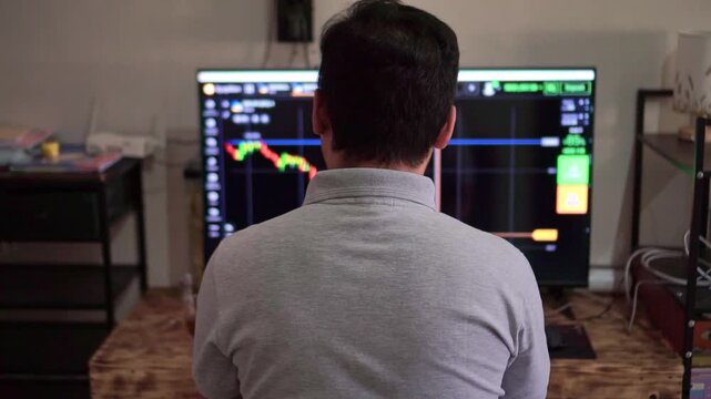 Rear view of investor observing crypto trading data on large display. Finance footage highlighting technology, market trends, and online trading.