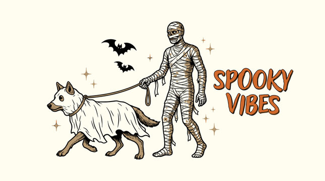 Retro Halloween mummy walking a ghost dog with bats and Spooky Vibes text, vintage vector illustration for t-shirt design and apparel.