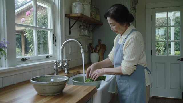 Checking greens, Asian woman opening faucet, washing roots at farmhouse sink bowl apron, copy space