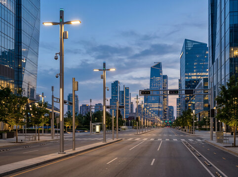 Modern city street with skyscrapers and street lights at dusk, urban architecture, futuristic city center, corporate buildings, commercial infrastructure, evening