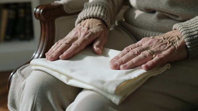 Resting senior hands leading smoothing to realalign folded cloth on lap in home chair, with ring
