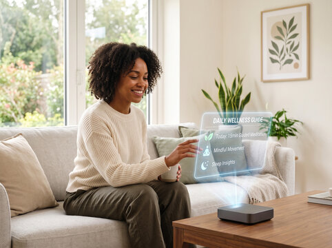 Smiling African American woman sitting on a sofa in a living room interacting with a futuristic holographic display interface showing a daily wellness guide and