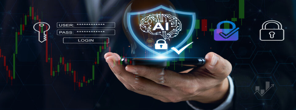 Businessman Hand Holding Smartphone with AI Brain Shield Security Lock, Checkmark, Login Password Form, Key Icon and Stock Chart for Artificial Intelligence Cyber Security Data Protection Concept