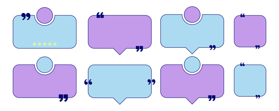 y2k testimonial quote template collection with purple and blue review cards, profile placeholders, five star rating and quotation marks for customer feedback, social media and websites