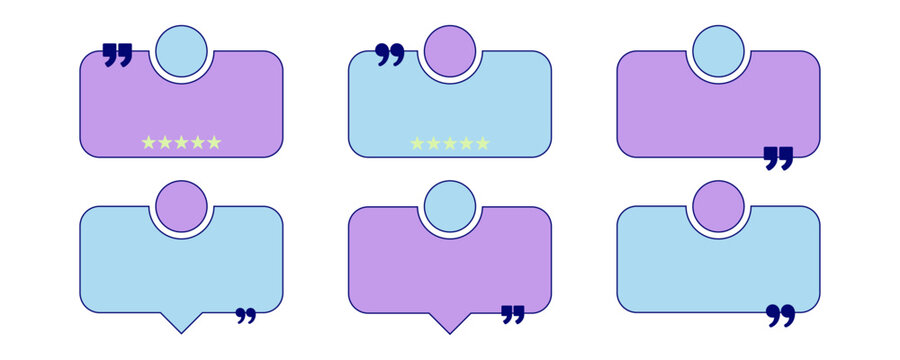 y2k testimonial quote card collection with purple and blue review templates, avatar placeholders, five star ratings and quotation marks for customer feedback, social media and websites