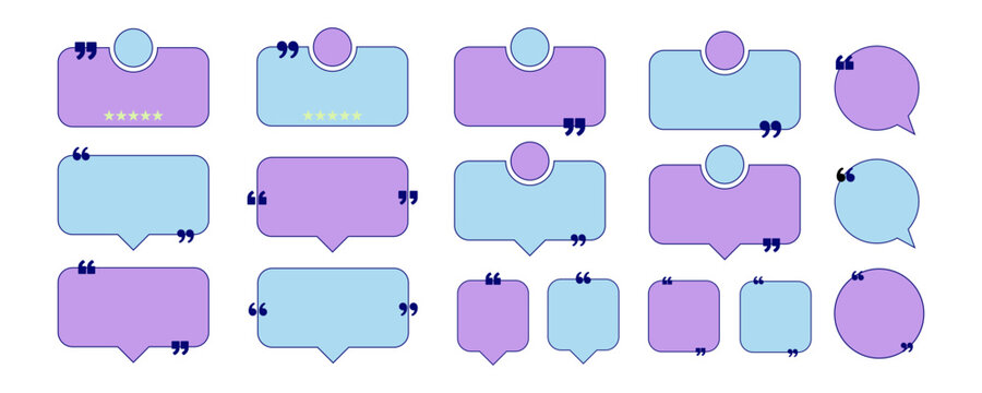 y2k testimonial quote template collection with purple and blue speech bubbles, profile placeholders and rating stars for reviews, social media, websites and presentations