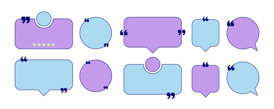 y2k testimonial quote template collection with purple and blue speech bubbles, rating stars, profile placeholders and bold quotation marks for reviews, social media, websites and presentations