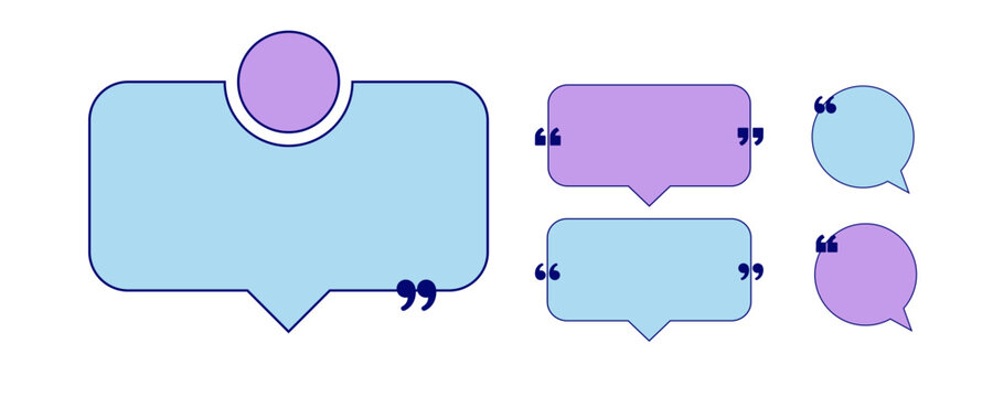y2k testimonial quote frame collection with blue and purple borders, avatar placeholder and speech bubbles for customer reviews, social media, websites and business presentations