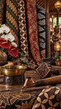 National Batik Day concept featuring traditional Indonesian batik tulis and cap textile, canting tools, and white orchids with a tropical resort ocean view.