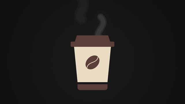 Animated disposable paper coffee cup with steaming hot drink appears on a dark background.
