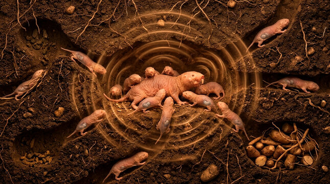 Naked mole rat colony cutaway with queen, workers, branching tunnels, pheromone signaling, and reproductive suppression biology.