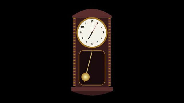 Vintage wooden pendulum wall clock ticking with swinging pendulum against a black background.