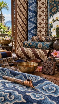 National Batik Day concept featuring traditional Indonesian batik tulis and cap textile, canting tools, and white orchids with a tropical resort ocean view.