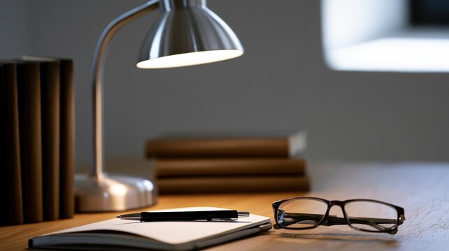 Serene workspace desk scene with lamp glasses and notebook for productivity background and office banner design