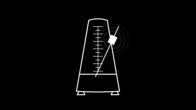 Minimalist white line art metronome ticking back and forth with animated sound waves against a solid black background, representing tempo and rhythm.