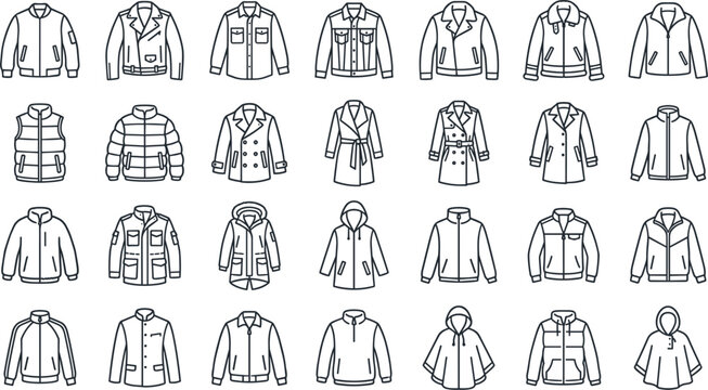 Minimalist winter jacket and outerwear linear vector icons set featuring coats, puffers, parkas, and hoodies for fashion design