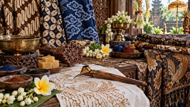 National Batik Day concept featuring traditional Indonesian batik tulis and cap textile, canting tools, and white orchids with a tropical resort ocean view.
