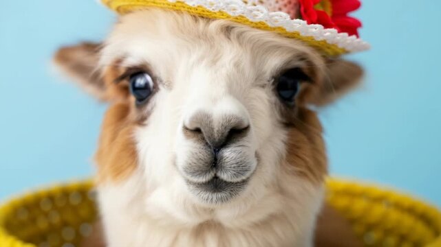 Llama Wearing Yellow Hat Sitting.