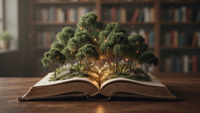A magical glowing forest landscape growing out of an open book on a wooden table. Conceptual imagination and education background for literature.