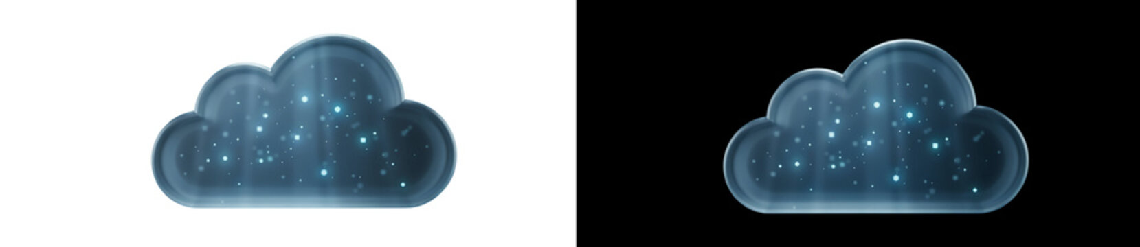 Futuristic digital cloud icon with glowing data points, blue holographic network cloud computing symbol on black and white backgrounds, high tech storage and connectivity concept