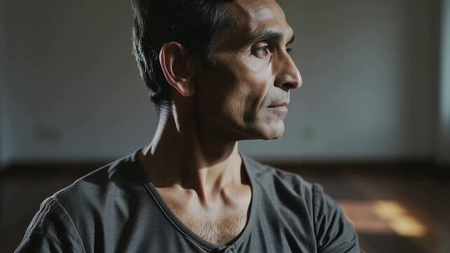 Reacting to sunlight patch, man in dark gray henley in quiet room shifting gaze toward window