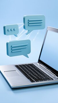 Silver laptop with floating blue chat bubbles for messaging and communication background suitable for website banner and app interface