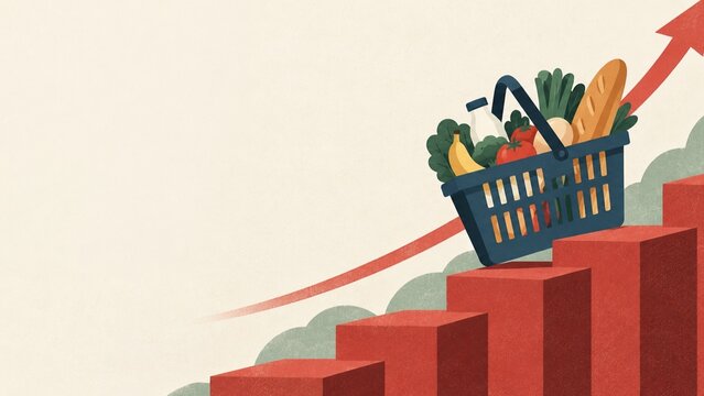 食料品の入ったバスケットと上昇する棒グラフが描くインフレのイラスト