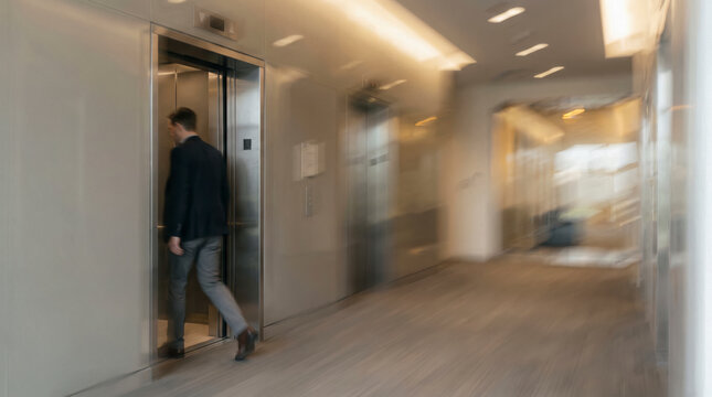 Hurried businessman rushing into elevator through blurred corporate hallway