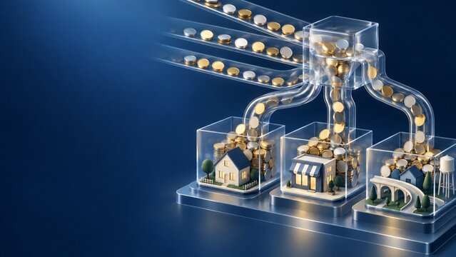 コンベヤーベルトと透明ケースに入った建物が描く不動産開発の3Dイラスト