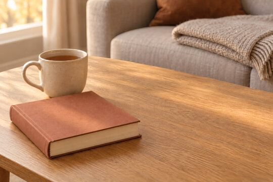 Cozy Tea and Book on Wooden Coffee Table in Warm Sunlit Living Room Interior