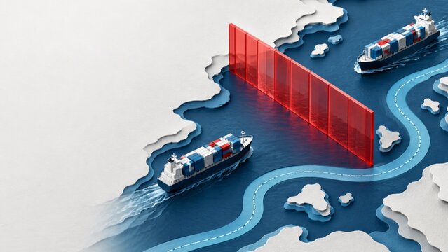 世界地図上でコンテナ船が航行するグローバル物流の3Dイラスト