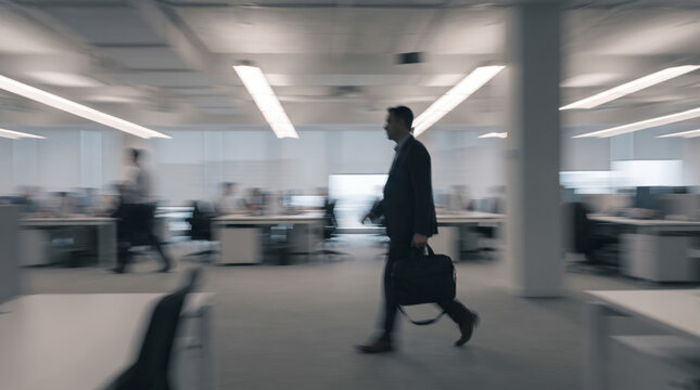 Focused businessman carrying briefcase rushing through modern office space
