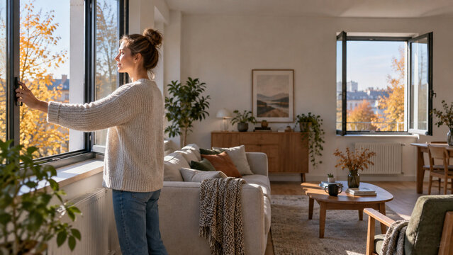 Frau l&uuml;ftet Wohnung im Herbst kurz und energiesparend quer