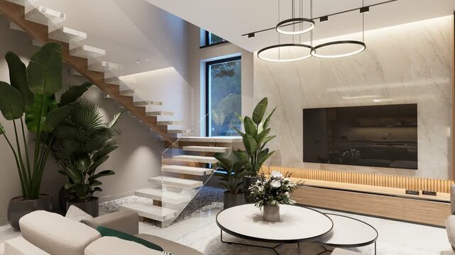 4K pan of a luxury open-concept interior featuring a modern living room, dining area, floating staircase, marble wall, and panoramic glass pool view at dusk.
