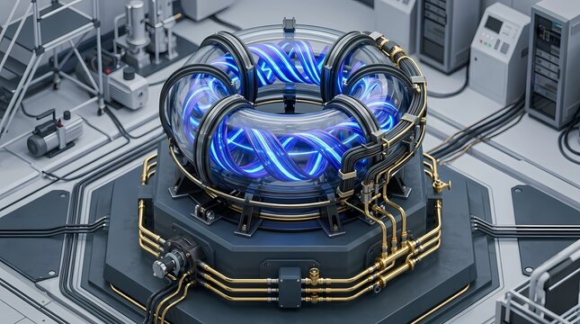 Superconducting magnetic fusion reactor torus chamber with glowing blue plasma