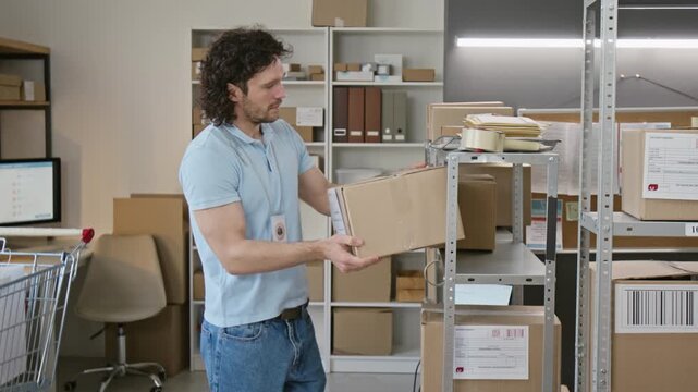 Caucasian young man carrying cardboard parcel and placing box on metal warehouse rack. Footage suitable for e-commerce logistics, supply chain campaigns, and order fulfillment ads
