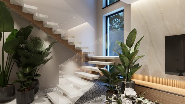 4K pan of a luxury open-concept interior featuring a modern living room, dining area, floating staircase, marble wall, and panoramic glass pool view at dusk.