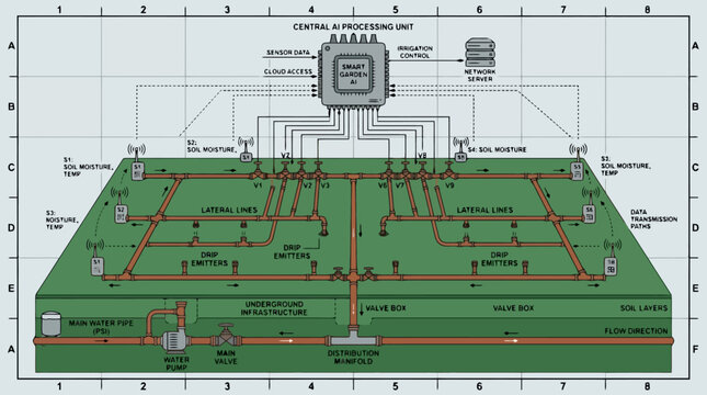 Diagram illustrating a sophisticated automated irrigation system controlled by a central processing unit, featuring soil moisture sensors, lateral lines, and a main water supply.