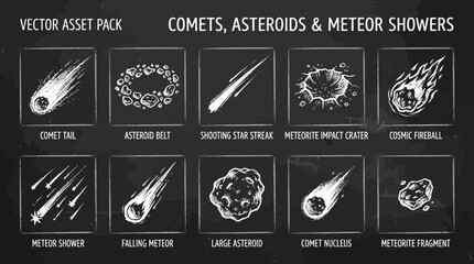 Ten chalkstyle illustrations of celestial objects including asteroids comets and meteors on a dark chalkboard © Khairatun