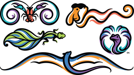 Colorful Modern Exotic Animal Icon Set with Scorpion Proboscis Monkey Lizard Cobra Snake and Pterodactyl Winged Bird Swirl Line Art Vectors © Md ashedul Islam