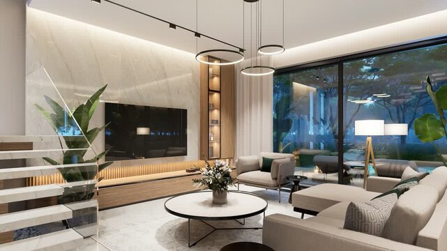 4K pan of a luxury open-concept interior featuring a modern living room, dining area, floating staircase, marble wall, and panoramic glass pool view at dusk.
