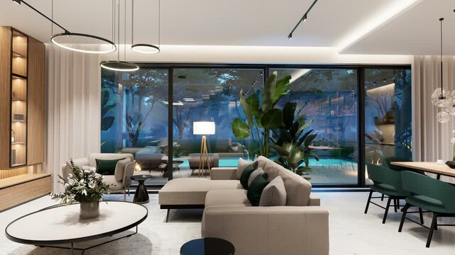 4K pan of a luxury open-concept interior featuring a modern living room, dining area, floating staircase, marble wall, and panoramic glass pool view at dusk.