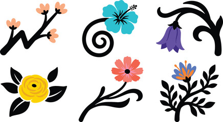 Obraz premium Elegant Minimalist Floral Emblem Icon Set with Colorful Hibiscus Rose and Bellflower Swirl Tattoo Designs for Beauty Branding and Weddings