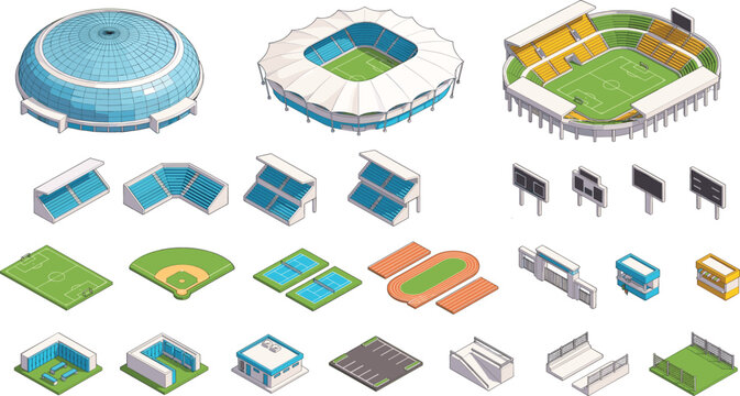 Isometric sports stadium set with arena, court, field, playground, vector illustration