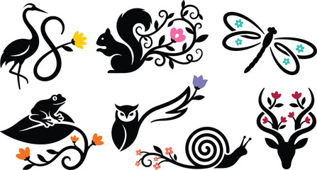 Obraz premium Elegant Minimalist Floral Nature Emblem Set with Crane Squirrel Dragonfly Frog Owl Snail and Deer Swirl Silhouette Logo Designs for Wellness Branding