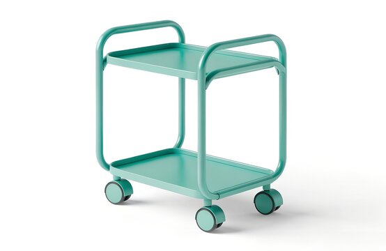 Modern teal metal rolling storage cart with two shelves