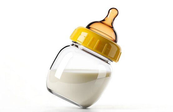 Glass baby bottle with milk on white background feeding bottle infant feeding