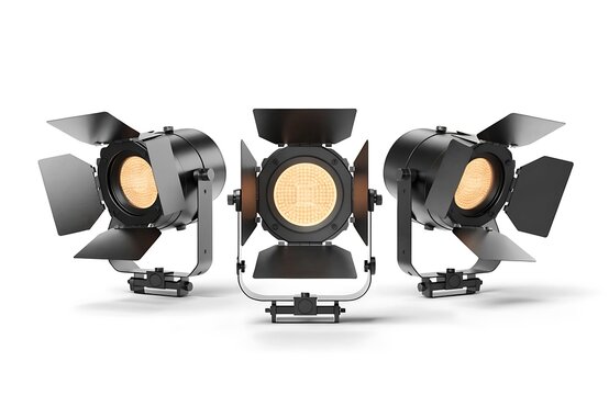 Three professional stage spotlights on white background with stage spotlight