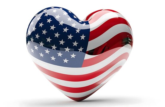 Heart shaped ornament with american flag pattern on white background